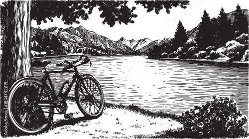 Bicycle by a tranquil lake with a scenic mountain backdrop. Black and white vector illustration depicting a peaceful outdoor set.