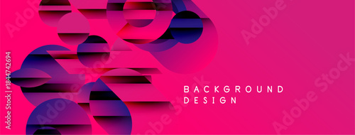 Abstract pink, purple gradients create dynamic shapes. Modern design suggests movement, depth, visual interest. Background features text elements.