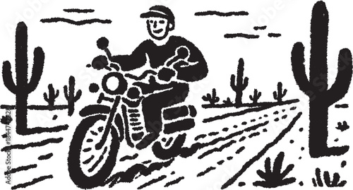 Motorcycle rider in a black-and-white desert landscape. Minimal vector illustration featuring cacti and a linear road, ideal for adventure themes.