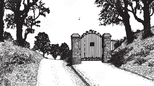 Gate and path leading through a tree-lined landscape. Black and white vector illustration of a scenic outdoor view.