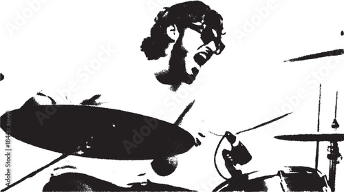 Drummer performing in a dynamic black and white silhouette style. Vector illustration captures the energy of live music and artistic expression in this set.