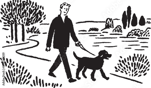 Man walking dog in a simple outdoor scene. Black vector illustration featuring trees and a path.