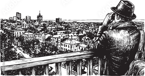 A man with a hat views an urban skyline from an elevated position. This detailed vector illustration captures a scenic perspective of the city landscape.
