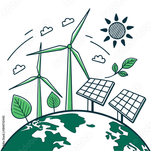 A doodle illustration showing renewable energy sources like wind and solar power on earth.