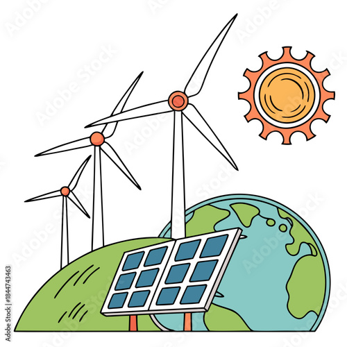 Wind turbines and solar panel generating clean power for the planet.