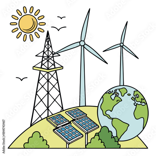 Renewable energy sources like sun, wind, and solar panels for a greener earth