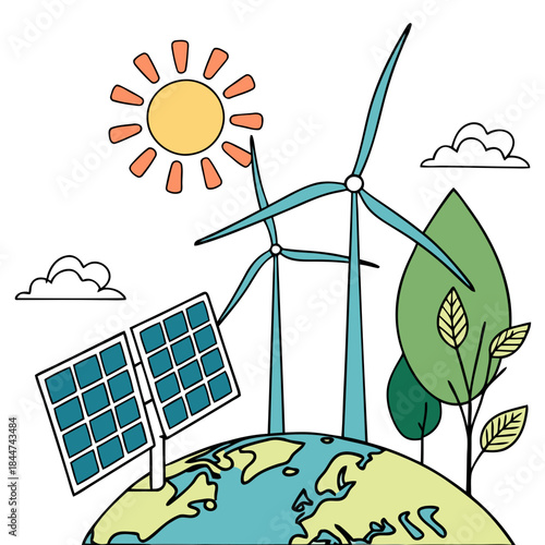 Sustainable energy sources and environmental protection concept on planet earth illustration