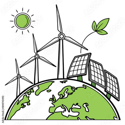 Renewable energy sources like wind and solar power on a green globe