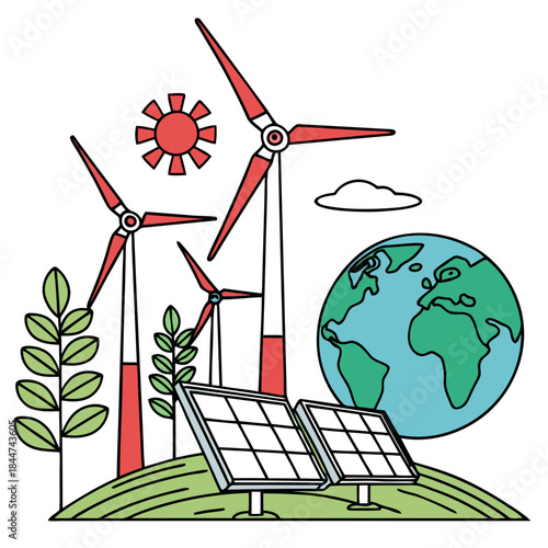An illustration showing renewable energy sources like wind and solar power for environmental sustainability