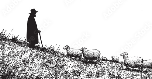 Sheep grazing in a field with a shepherd silhouette on a hill. Black and white vector illustration depicting outdoor and pastoral scenery.