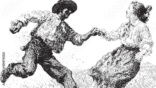 Couple dancing in vintage illustration style. Black and white line art creates a joyful scene in a traditional vector illustration.
