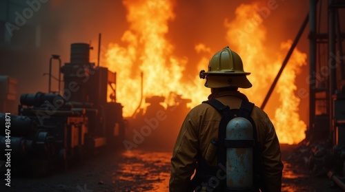Firefighter in reflective jacket watching factory blaze orange flames