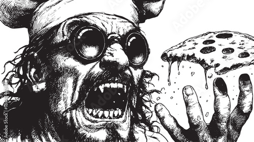 Angry chef character with a pizza slice in hand. Detailed black and white vector illustration creates a humorous representation of culinary creativity.