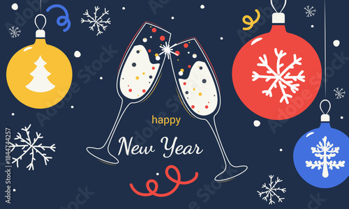 Happy New Year. We clink glasses. Christmas balls, streamers, confetti, glasses, snowflakes on a blue background.