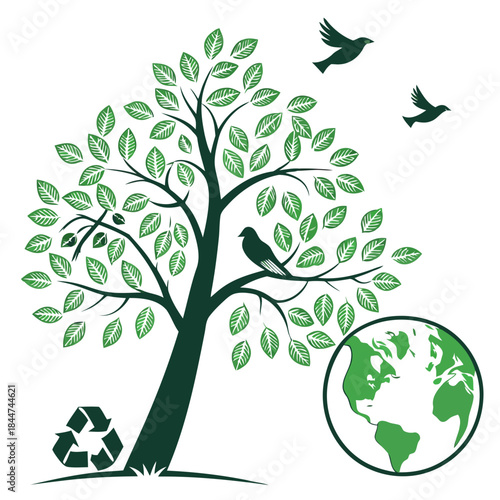 Green tree with birds, globe, and recycle symbol for environmental protection