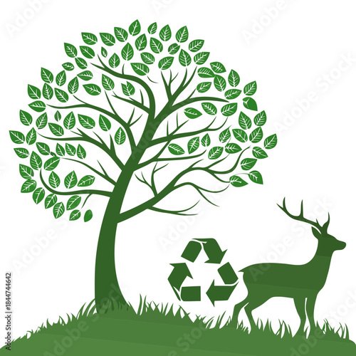 Green nature conservation and recycling concept illustration with tree and deer silhouette