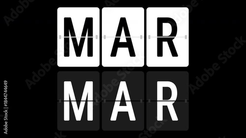 Months of the year flip board animated with alpha channel. Flip card with abbreviated month motion graphic on transparent background. Jan. Feb. Mar. Apr. May. Jun. Jul. Aug. Sep. Oct. Nov. Dec.