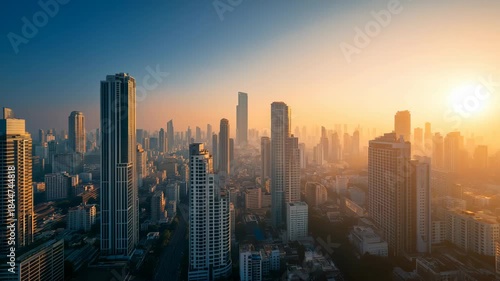 Wallpaper Mural Aerial view of a modern city skyline at golden hour, with skyscrapers bathed in warm sunset light, showcasing urban growth, business districts, and contemporary architecture. Torontodigital.ca