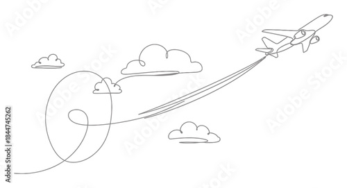 Continuous Line Art Airplane in Flight Journey