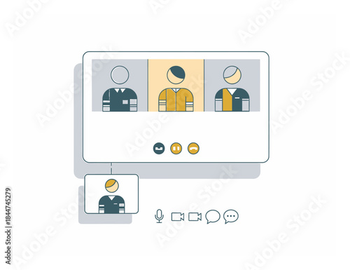 Minimalist Flat Vector Illustration: Video Conference Call, Business Technology, Clean Geometric Design