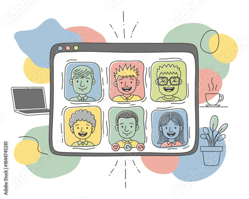 Hand-Drawn Video Conference Call Vector Illustration, Playful Organic Shapes, Sketchy Style
