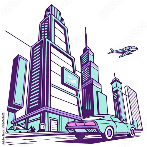 A stylized city illustration featuring skyscrapers, a classic car, and an airplane in flight.