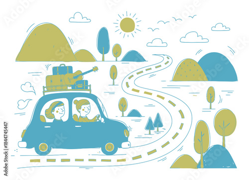 Hand-Drawn Road Trip Car Travel Vector Illustration