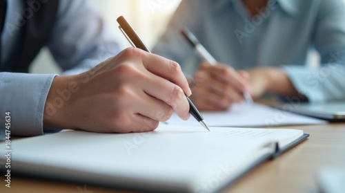Psychologist pen on open notebook during patient consultation closeup