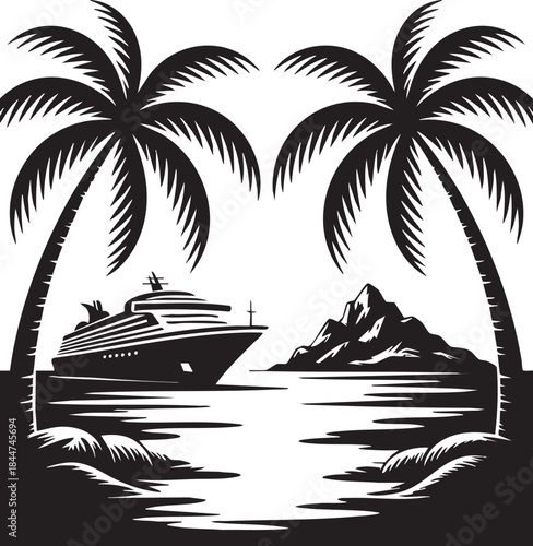Retro tropical cruise ship island sunset illustration