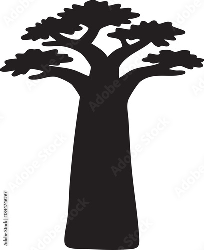Quadro su tela African Baobab Tree Thick Trunk Root Branches Silhouettes isolated on white back