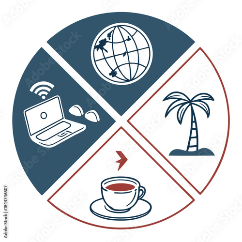 Digital nomad lifestyle concept with icons for remote work, travel, and relaxation