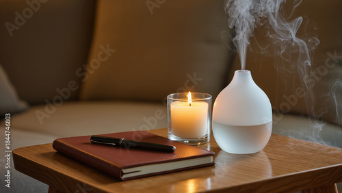 Wallpaper Mural Cozy tabletop scene with lit candle, aroma diffuser releasing steam, notebook, and pen on wooden table, creating a calm wellness mood for relaxation and home lifestyle concepts. Torontodigital.ca