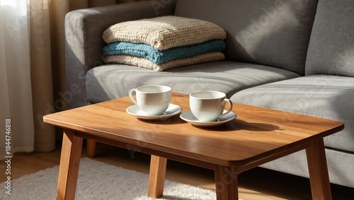 Wallpaper Mural Cozy living room scene with wooden coffee table, two cups, soft sofa, and folded blankets, styled for calm mornings, relaxation, and modern home comfort lifestyle use. Torontodigital.ca