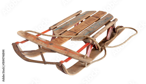 Old Battered Wood and Metal Sled Sleigh with Jute Rope on Transparent Background