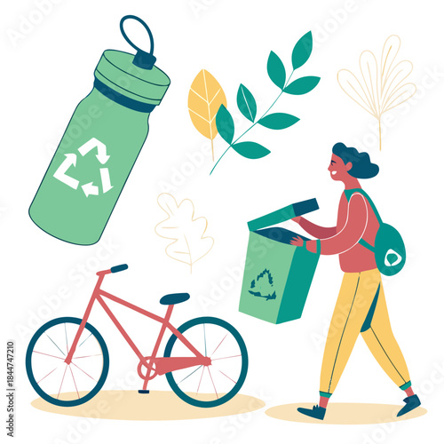 A woman recycling waste, promoting eco-friendly practices and sustainable transportation