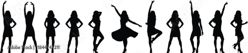 Dancing Women Silhouette Vector Set, Beautiful Girls Posing in Short Dresses, Representing Fashion, Nightlife, Party, Performance, and Female Confidence Lifestyle Graphics