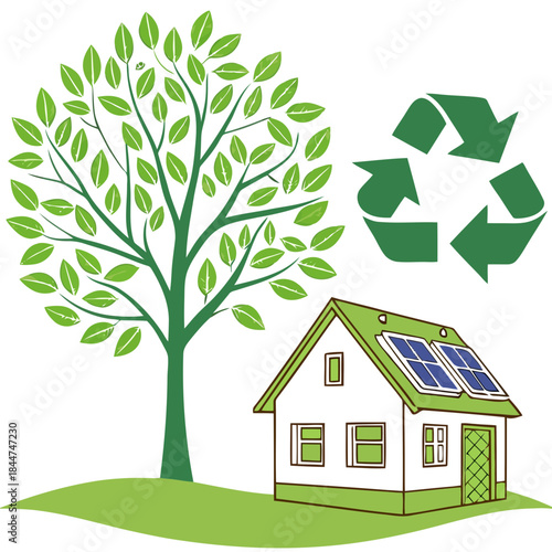 Green house with solar panel and recycle symbol for environmental protection concept