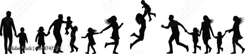 Joyful Family Silhouettes Vector Set, Parents Playing with Children, Jumping and Walking, Representing Love, Togetherness, Happy Childhood, and Active Parenthood Lifestyle Graphics