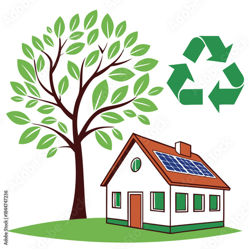 A house with solar panels and a tree represents sustainable living and recycling