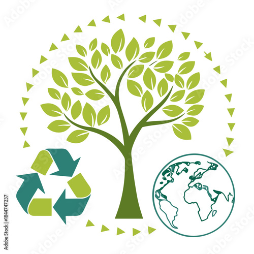 Green tree and recycle symbol on a globe representing environmental protection and sustainability
