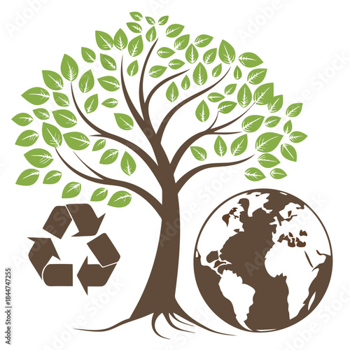 A stylized illustration of a healthy green tree, the globe, and a recycling symbol for sustainability