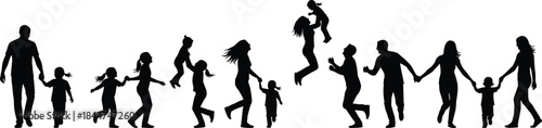 Happy Family Silhouettes Vector Set, Parents and Children Walking, Jumping, and Holding Hands, Representing Parenthood, Childhood Joy, Love, and Togetherness Lifestyle Graphics