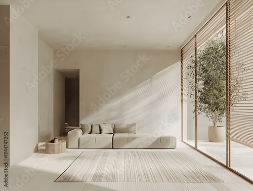 Photo of a bright and airy minimalist living room with sleek furniture and natural light streaming