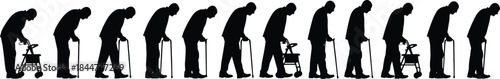 Line of Senior Men Silhouettes with Walkers and Canes, Vector Image Representing Geriatric Care, Assisted Living Needs, and Mobility Challenges in the Elderly Population