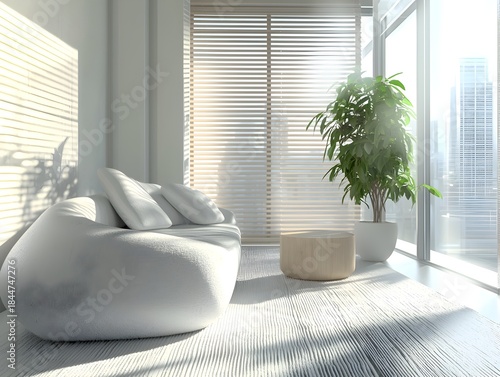Photo of a bright and airy minimalist living room with sleek furniture and natural light streaming