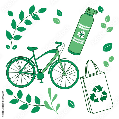 Sustainable lifestyle concept with bicycle, reusable water bottle, and recycling bag