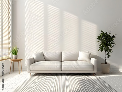 Photo of a bright and airy minimalist living room with sleek furniture and natural light streaming