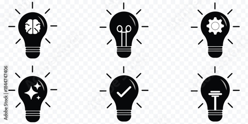 Light bulb with rays shine icon set. Idea symbol. Electric lamp, light, innovation, solution, creative thinking, electricity. cog inside and brain inside. innovation symbol vector innovation icon set.