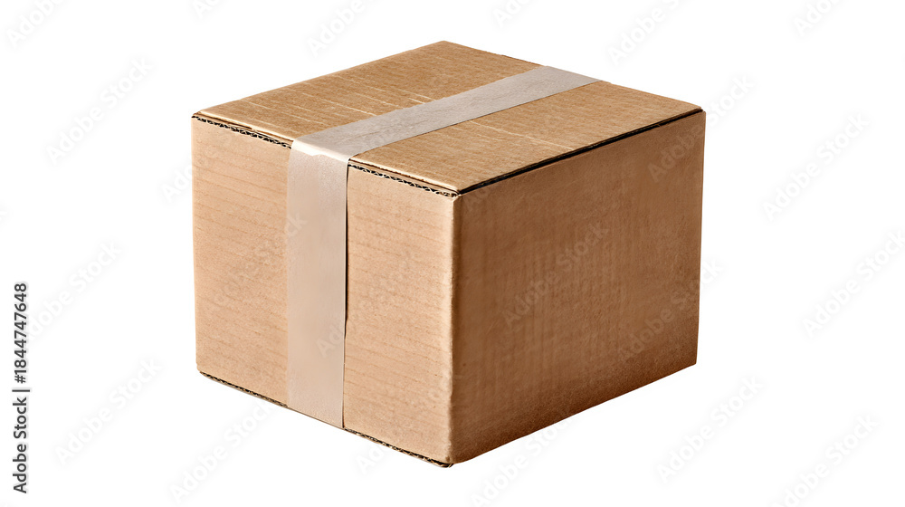 Fototapeta premium A plain brown corrugated cardboard shipping box with clear packing tape on a white background