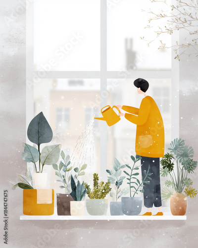 A man watering plants in a window